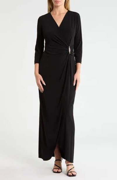 Connected Apparel Crystal Brooch Faux Wrap Maxi Dress In Black