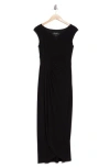 Connected Apparel Crystal Notch Side Ruched Gown In Black