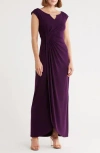 Connected Apparel Crystal Notch Side Ruched Gown In Purple