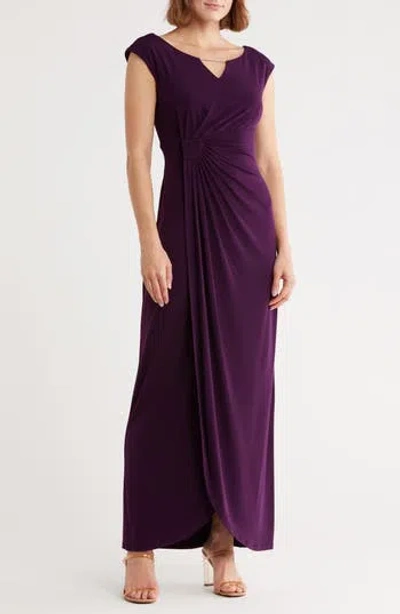 Connected Apparel Crystal Notch Side Ruched Gown In Purple