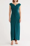 Connected Apparel Crystal Notch Side Ruched Gown In Blue