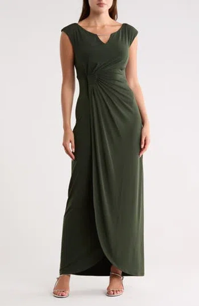 Connected Apparel Crystal Notch Side Ruched Gown In Green