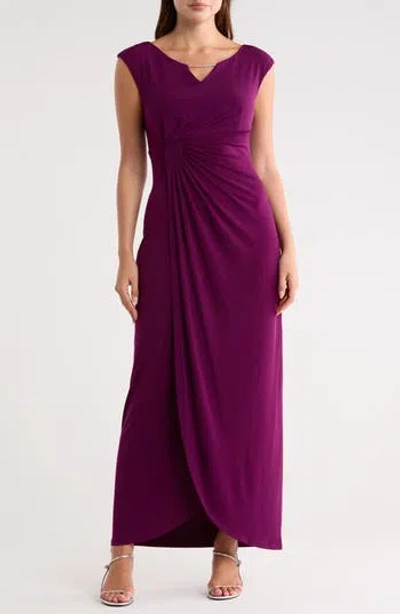 Connected Apparel Crystal Notch Side Ruched Gown In Purple
