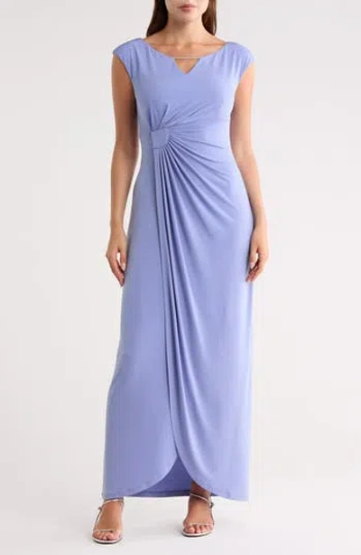 Connected Apparel Crystal Notch Side Ruched Gown In Purple