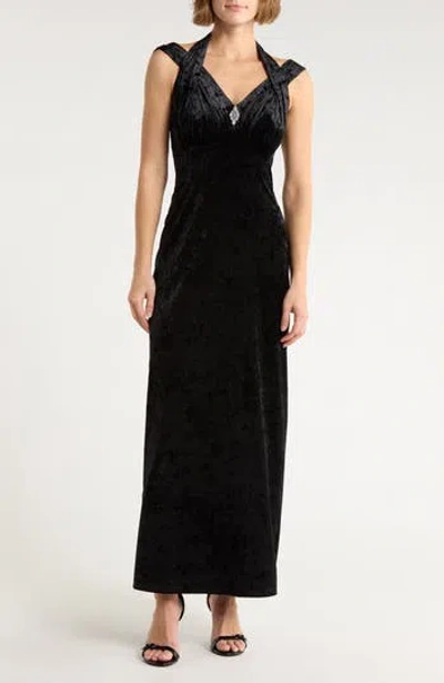 Connected Apparel Crystal Velvet Halter Gown In Black