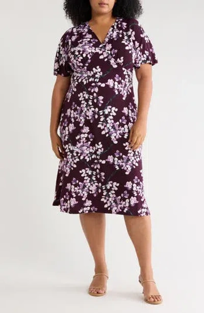 Connected Apparel Dolman Sleeve Floral Surplice Neck Dress In Aubergine