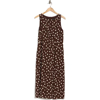 Connected Apparel Dot Side Pleat Sleeveless Midi Dress In Brown