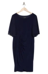 Connected Apparel Double Flutter Sleeve Faux Wrap Dress In Navy