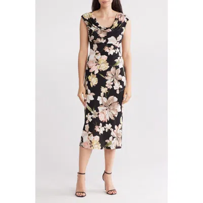 Connected Apparel Drape Neck Midi Dress In Black Camel