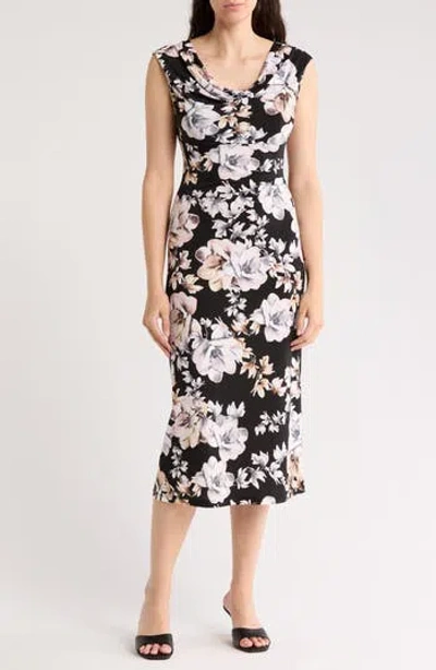 Connected Apparel Drape Neck Midi Dress In Black/blush