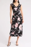 Connected Apparel Drape Neck Midi Dress In Black/dusty Rose