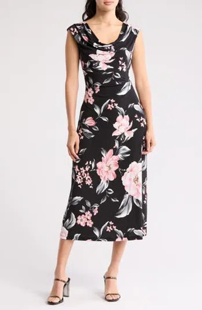 Connected Apparel Drape Neck Midi Dress In Black/dusty Rose