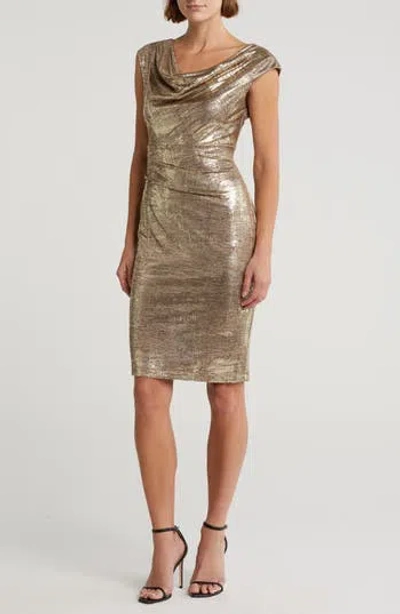 Connected Apparel Drape Neck Side Pleat Sheath Dress In Flax