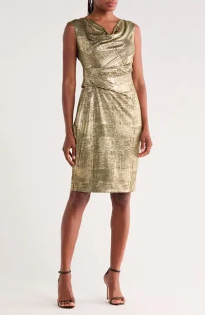 Connected Apparel Drape Neck Side Pleat Sheath Dress In Green