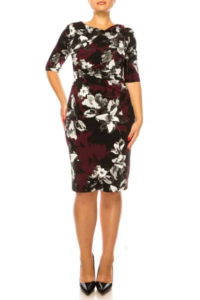 Connected Apparel Draped Bodice Floral Dress In Bordeaux
