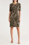 Connected Apparel Elbow Length Sleeve Faux Wrap Dress In Brown