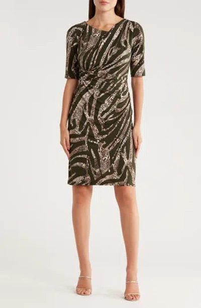 Connected Apparel Elbow Length Sleeve Faux Wrap Dress In Brown