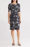 Connected Apparel Elbow Sleeve Faux Wrap Dress In Black