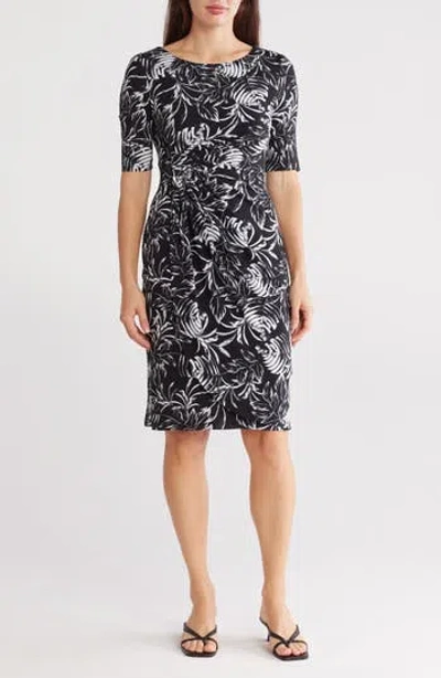 Connected Apparel Elbow Sleeve Faux Wrap Dress In Black