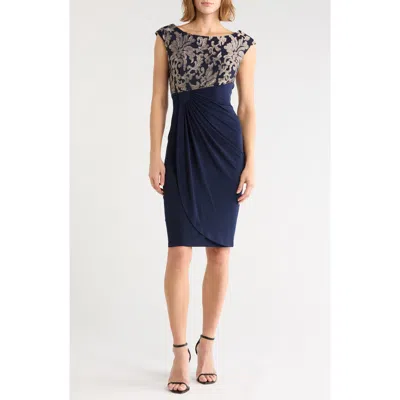 Connected Apparel Embroidered Bodice Faux Wrap Sheath Dress In Blue