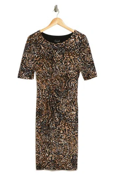 Connected Apparel Faux Wrap Dress In Brown