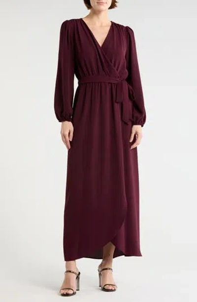 Connected Apparel Faux Wrap Long Sleeve Maxi Dress In Burgundy