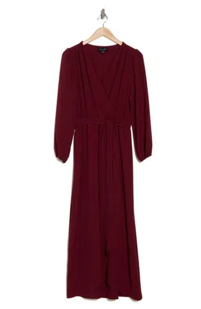 Connected Apparel Faux Wrap Long Sleeve Maxi Dress In Wine