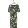 Connected Apparel Floral 3/4 Sleeve Faux Wrap Dress In Green