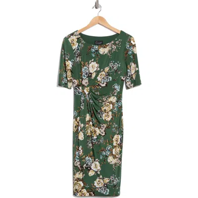 Connected Apparel Floral 3/4 Sleeve Faux Wrap Dress In Green