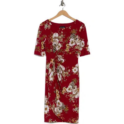Connected Apparel Floral 3/4 Sleeve Faux Wrap Dress In Brown