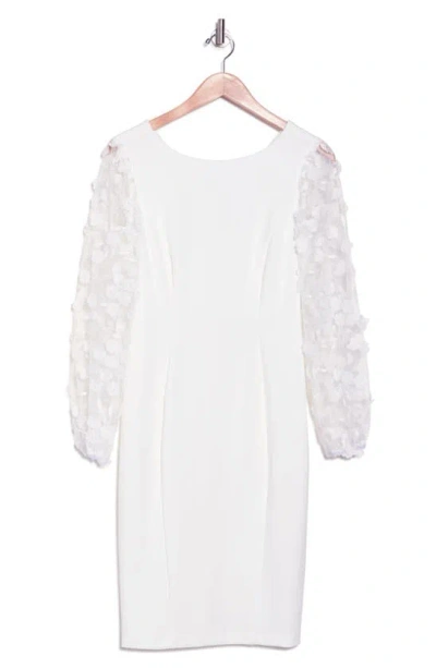 Connected Apparel Floral Appliqué Long Sleeve Dress In Ivory