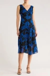 Connected Apparel Floral Asymmetric Hem Midi Dress In Blue