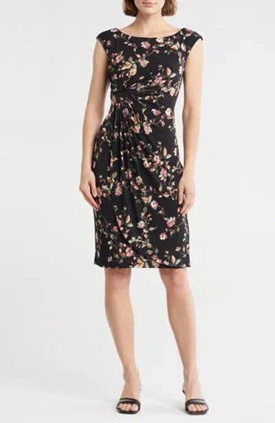 Connected Apparel Floral Cap Sleeve Faux Wrap Dress In Black