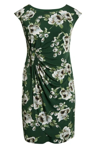 Connected Apparel Floral Cap Sleeve Faux Wrap Midi Dress In Green