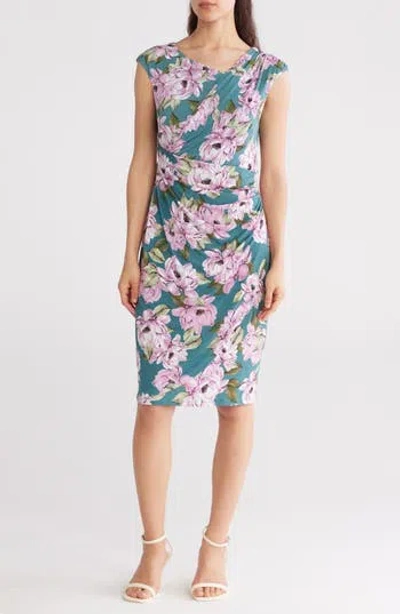 Connected Apparel Floral Cap Sleeve Ruched Faux Wrap Dress In Seafoam
