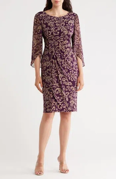 Connected Apparel Floral Cape Sleeve Faux Wrap Dress In Purple