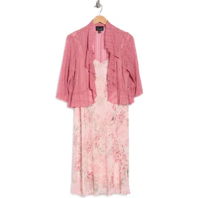 Connected Apparel Floral Chiffon Dress & Lace Shrug Set In Pink