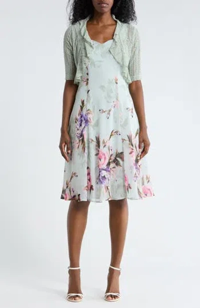 Connected Apparel Floral Chiffon Dress & Lace Shrug Set In Green