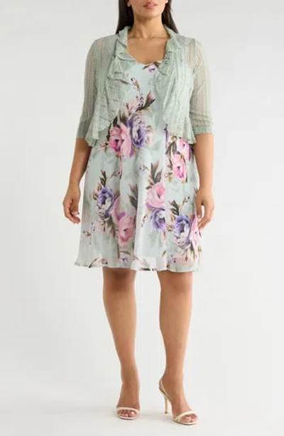 Connected Apparel Floral Chiffon Dress & Lace Shrug Set In Green