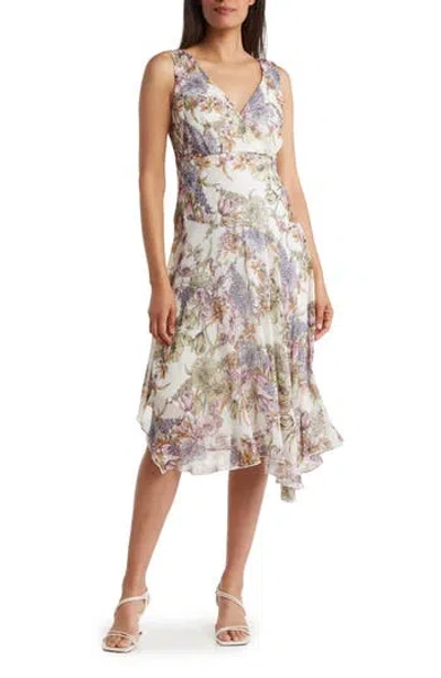 Connected Apparel Floral Chiffon Handkerchief Hem Midi Dress In Ivory/mauve