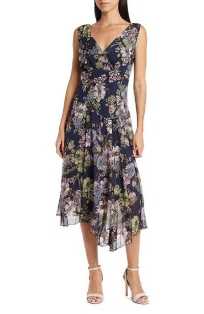 Connected Apparel Floral Chiffon Handkerchief Hem Midi Dress In Navy/mauve
