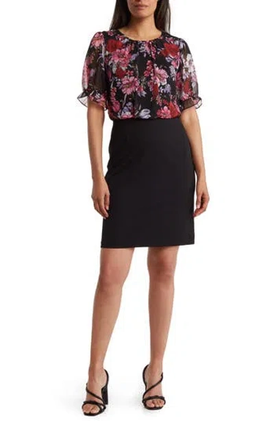 Connected Apparel Floral Chiffon Short Sleeve A-line Dress In Black/fuchsia