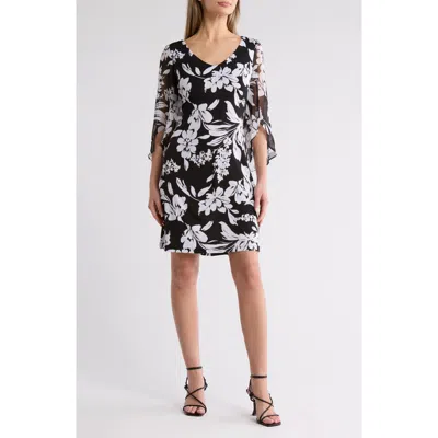 Connected Apparel Floral Chiffon Sleeve A-line Dress In Black