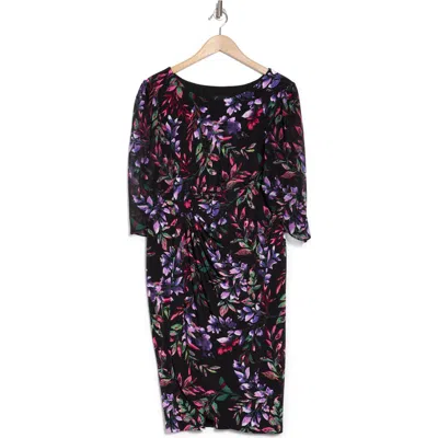 Connected Apparel Floral Chiffon Sleeve Faux Wrap Dress In Cherry