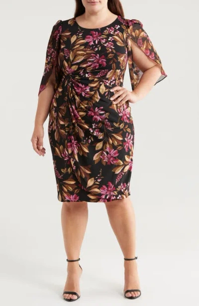 Connected Apparel Floral Chiffon Sleeve Faux Wrap Dress In Merlot