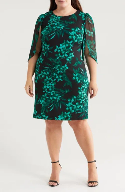 Connected Apparel Floral Chiffon Sleeve Sheath Dress In Hunter