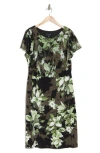 Connected Apparel Floral Chiffon Sleeve Sheath Dress In Olive