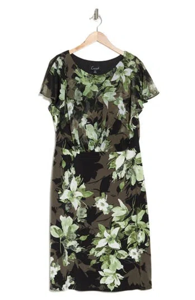 Connected Apparel Floral Chiffon Sleeve Sheath Dress In Olive