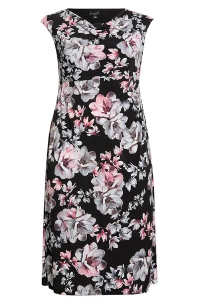 Connected Apparel Floral Cowl Neck Cap Sleeve Midi Dress In Black