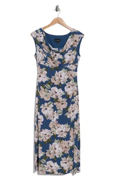 Connected Apparel Floral Cowl Neck Midi Dress In Blue